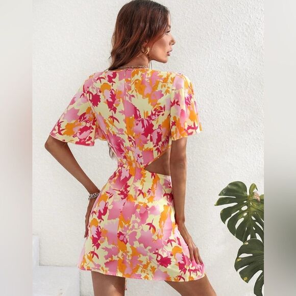 SHEIN Floral Print Butterfly Sleeve Cut Out Twist Side Dress Size XL 4 0401 - Picture 13 of 14